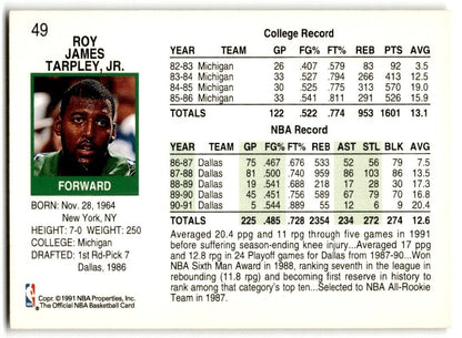 1991-92 Hoops Roy Tarpley Dallas Mavericks #49