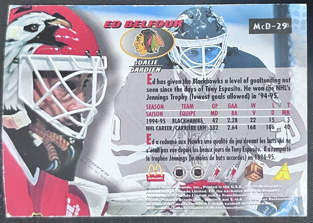 1996-97 Pinnacle McDonald's Ed Belfour Chicago Blackhawks #MCD-29