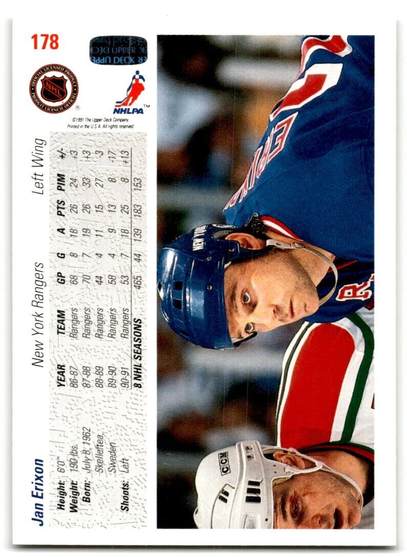 1991-92 Upper Deck Jan Erixon New York Rangers #178