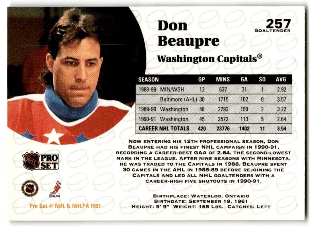 1991-92 Pro Set Don Beaupre Washington Capitals #257