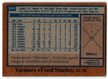 1978 Topps Fred Stanley New York Yankees #664