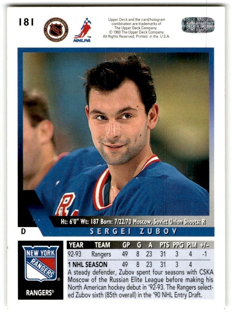 1993-94 Upper Deck Sergei Zubov New York Rangers #181