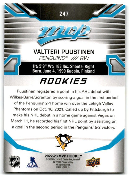 2022-23 Upper Deck MVP Valtteri Puustinen Rookie Pittsburgh Penguins #247