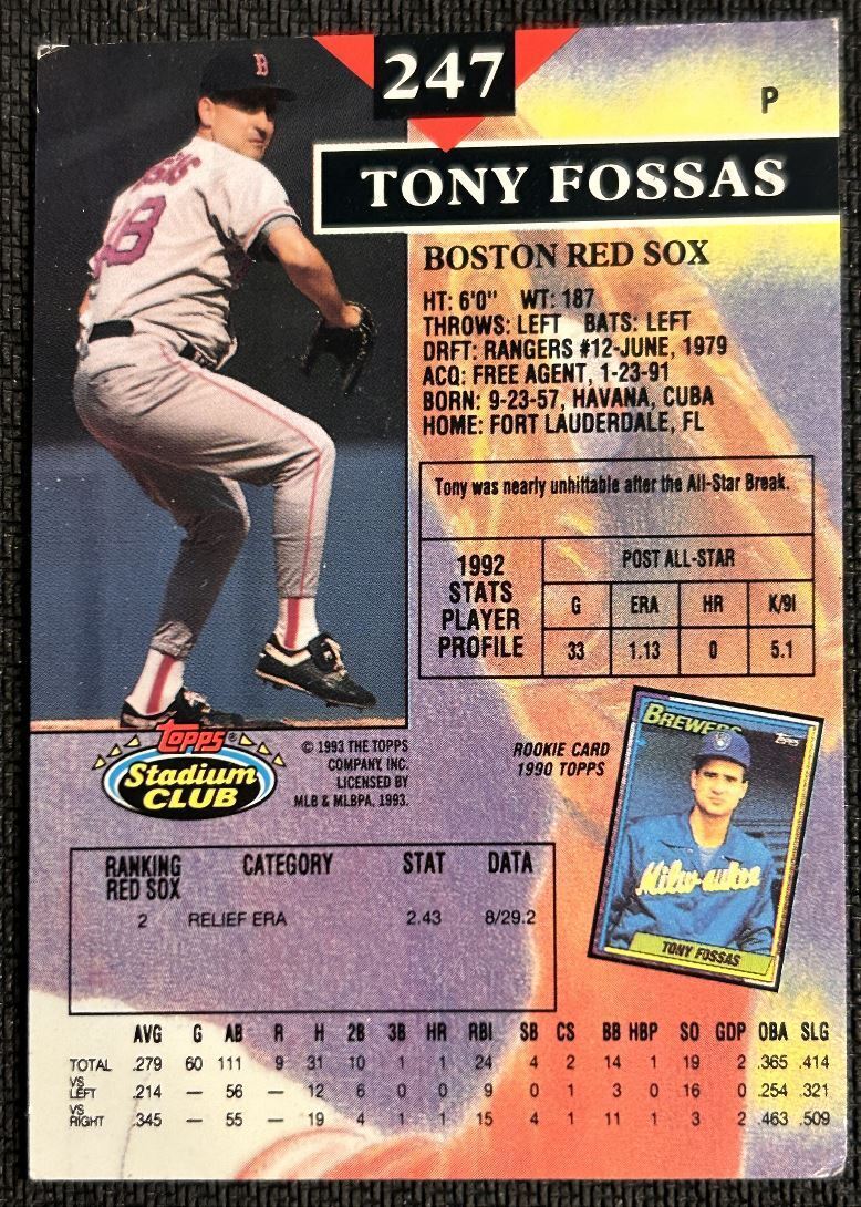 1993 Topps Stadium Club Tony Fossas Boston Red Sox #247