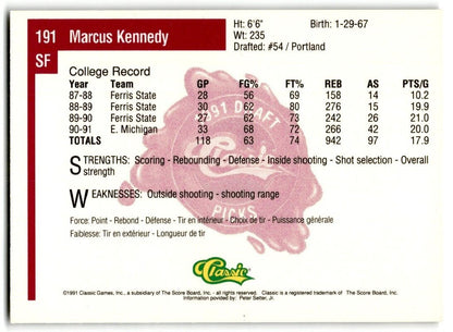 1991-92 Classic Marcus Kennedy Rookie Eastern Michigan Eagles #191