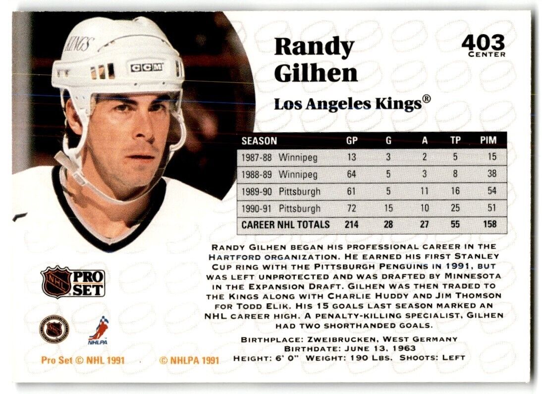 1991-92 Pro Set Randy Gilhen Los Angeles Kings #403