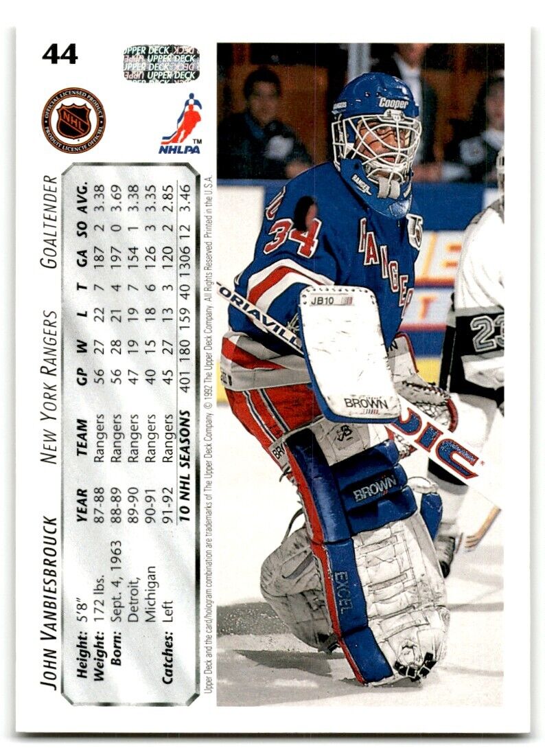 1992-93 Upper Deck John Vanbiesbrouck New York Rangers #44