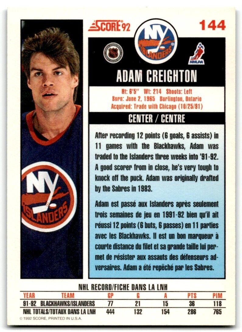 1992-93 Score Adam Creighton New York Islanders #144