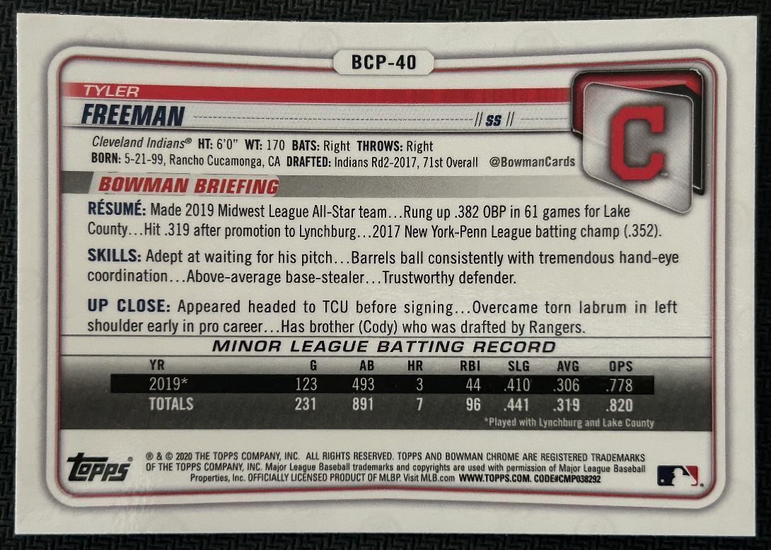 2020 Bowman Chrome Prospects Tyler Freeman Cleveland Indians #BCP-40