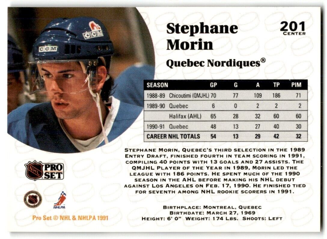 1991-92 Pro Set Stephane Morin Quebec Nordiques #201