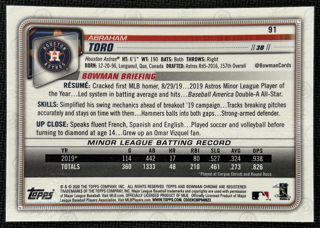 2020 Bowman Chrome Abraham Toro Rookie Houston Astros #91