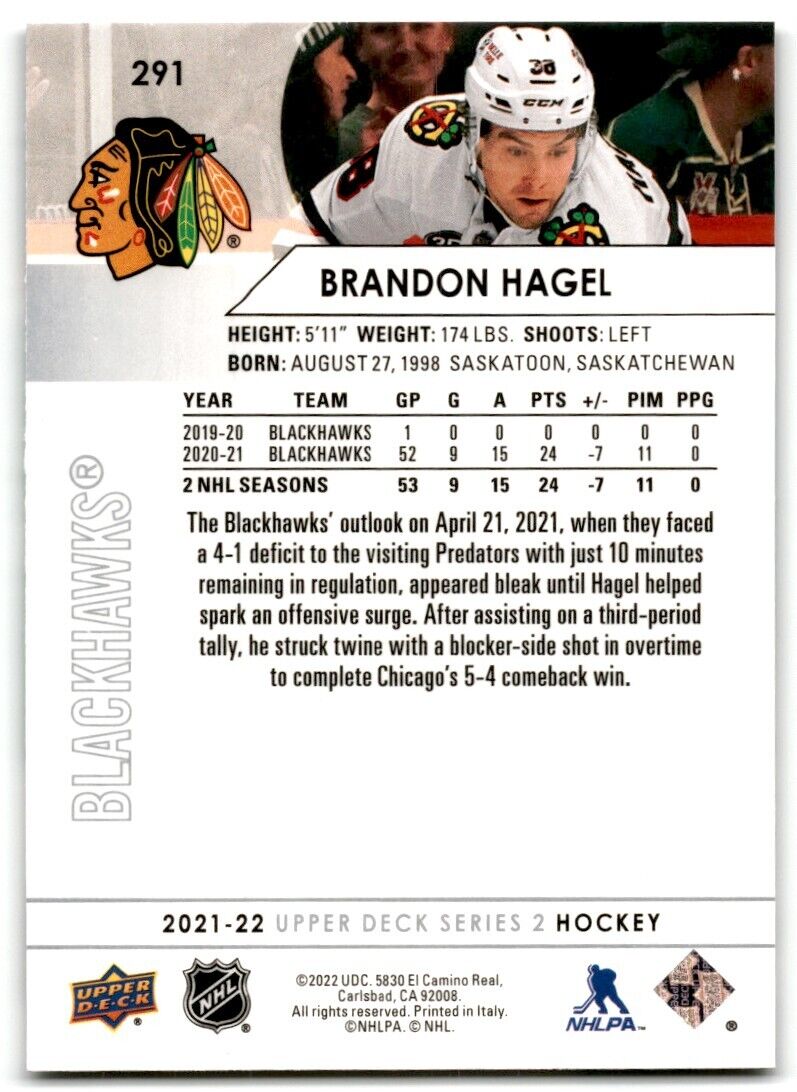 2021-22 Upper Deck Brandon Hagel Chicago Blackhawks #291