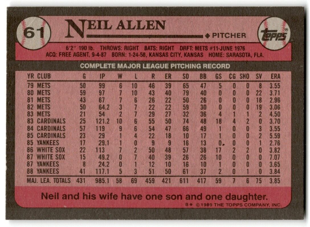 1989 Topps Neil Allen New York Yankees #61