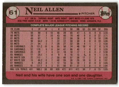 1989 Topps Neil Allen New York Yankees #61