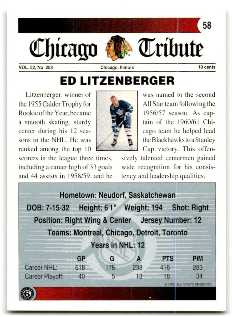 1991-92 Ultimate Original 6 Ed Litzenberger Chicago Blackhawks #58