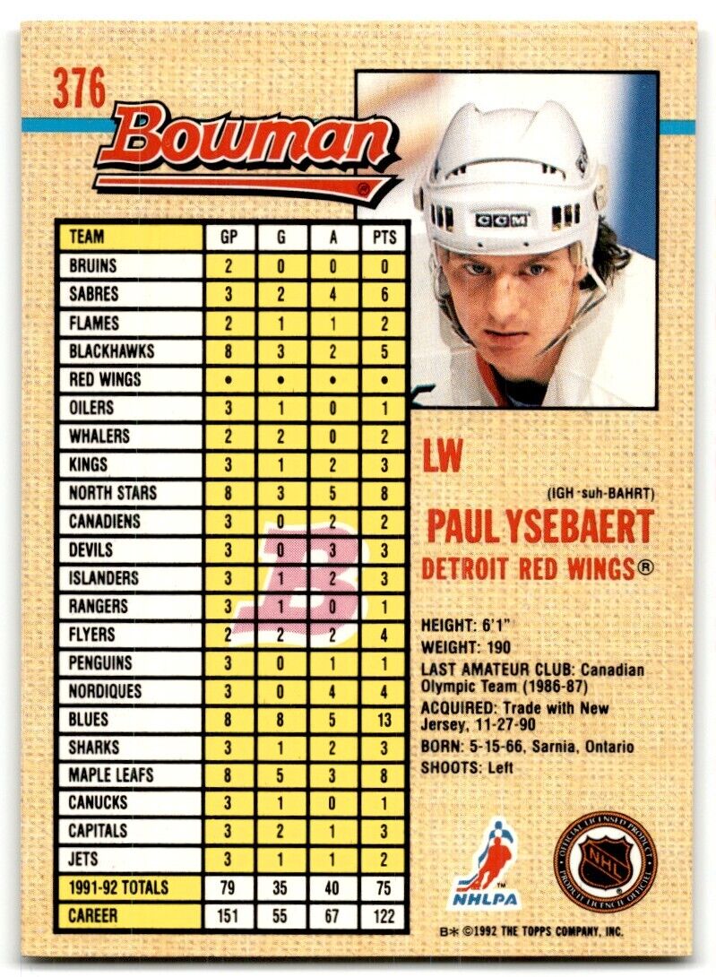 1992-93 Bowman Paul Ysebaert Detroit Red Wings #376