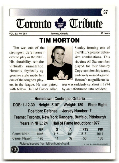 1991-92 Ultimate Original 6 Tim Horton Toronto Maple Leafs #37