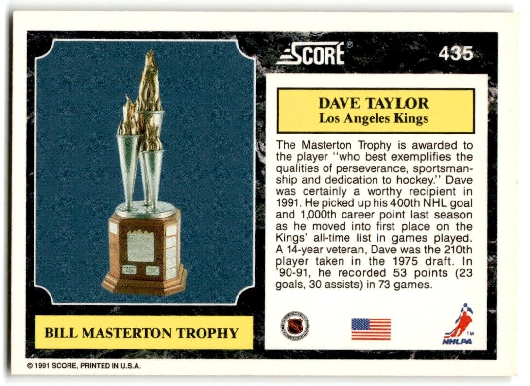 1991-92 Score American Dave Taylor (Bill Masterton Trophy) Los Angeles Kings