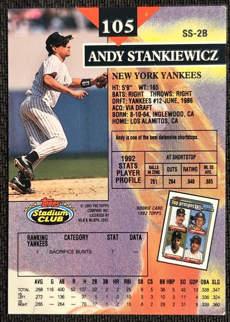 1993 Stadium Club Andy Stankiewicz New York Yankees #105