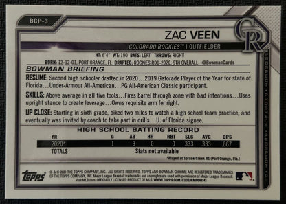 2021 Bowman Chrome Prospects Zac Veen Colorado Rockies #BCP-3