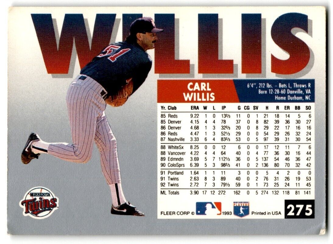 1993 Fleer Carl Willis Minnesota Twins #275