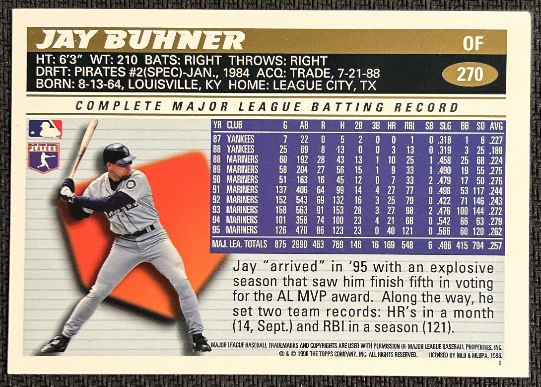 1996 Topps Jay Buhner Seattle Mariners #270