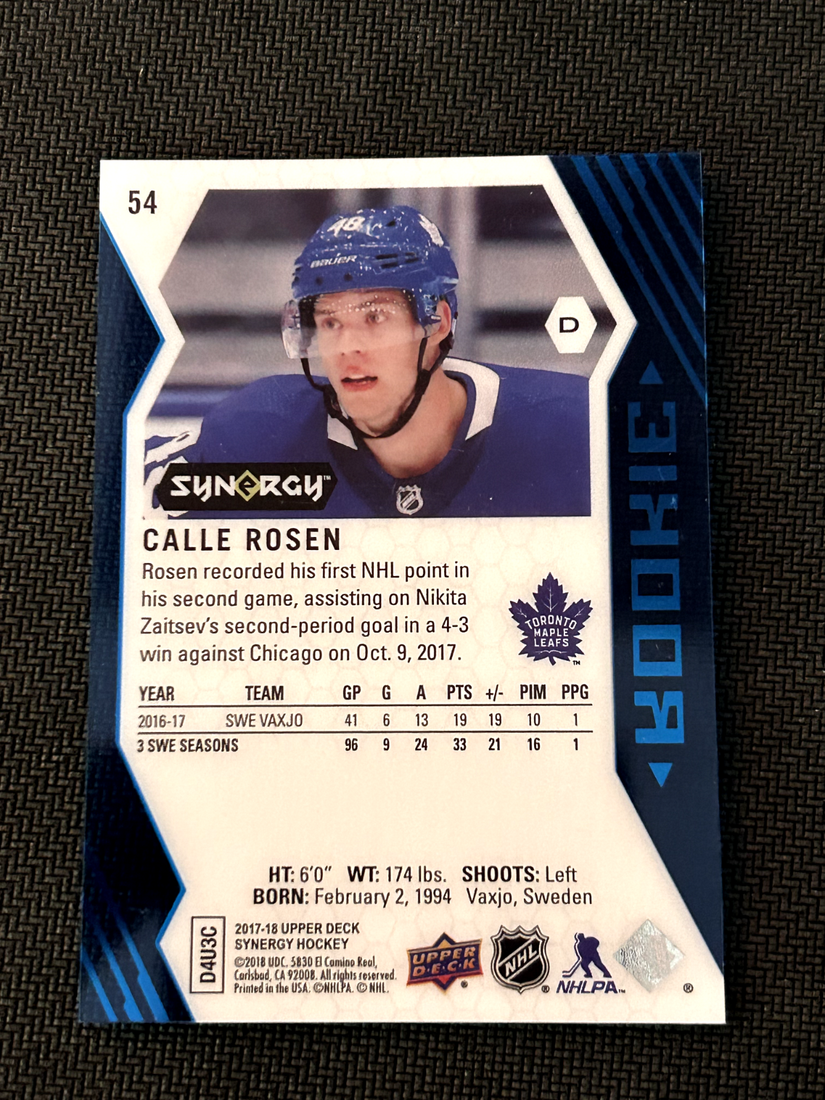 2017-18 Upper Deck Synergy Blue Calle Rosen Rookie Toronto Maple Leafs #54