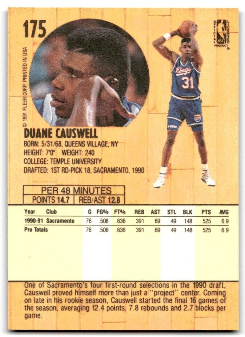 1991-92 Fleer Duane Causwell Rookie Sacramento Kings #175