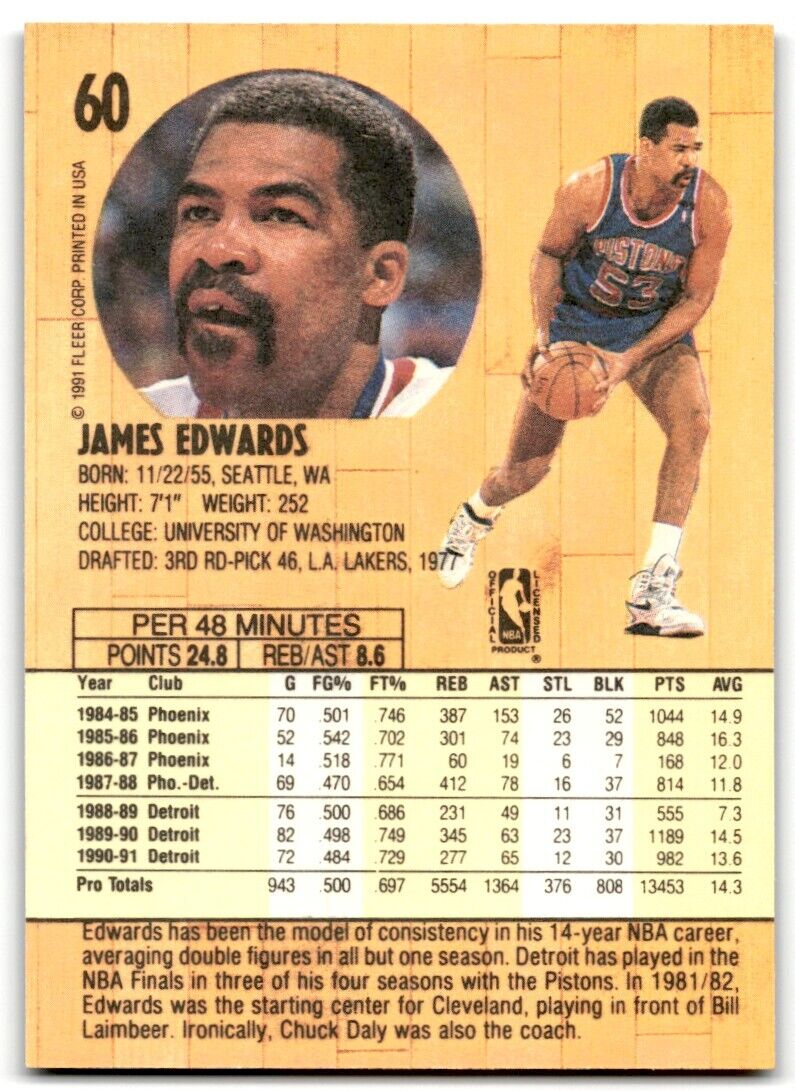 1991-92 Fleer James Edwards Detroit Pistons #60