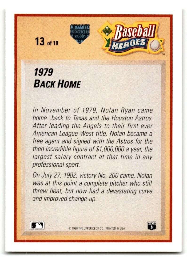 1991 Upper Deck Baseball Heroes Nolan Ryan Nolan Ryan Houston Astros #13