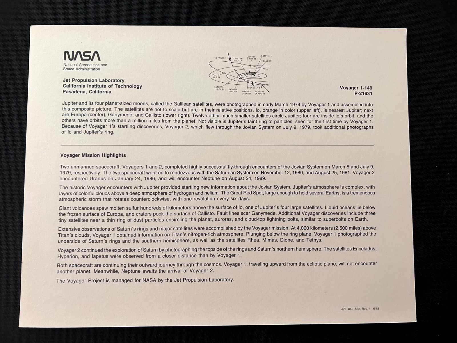 NASA Jet Propulsion Laboratory - Voyager 1-149 litho