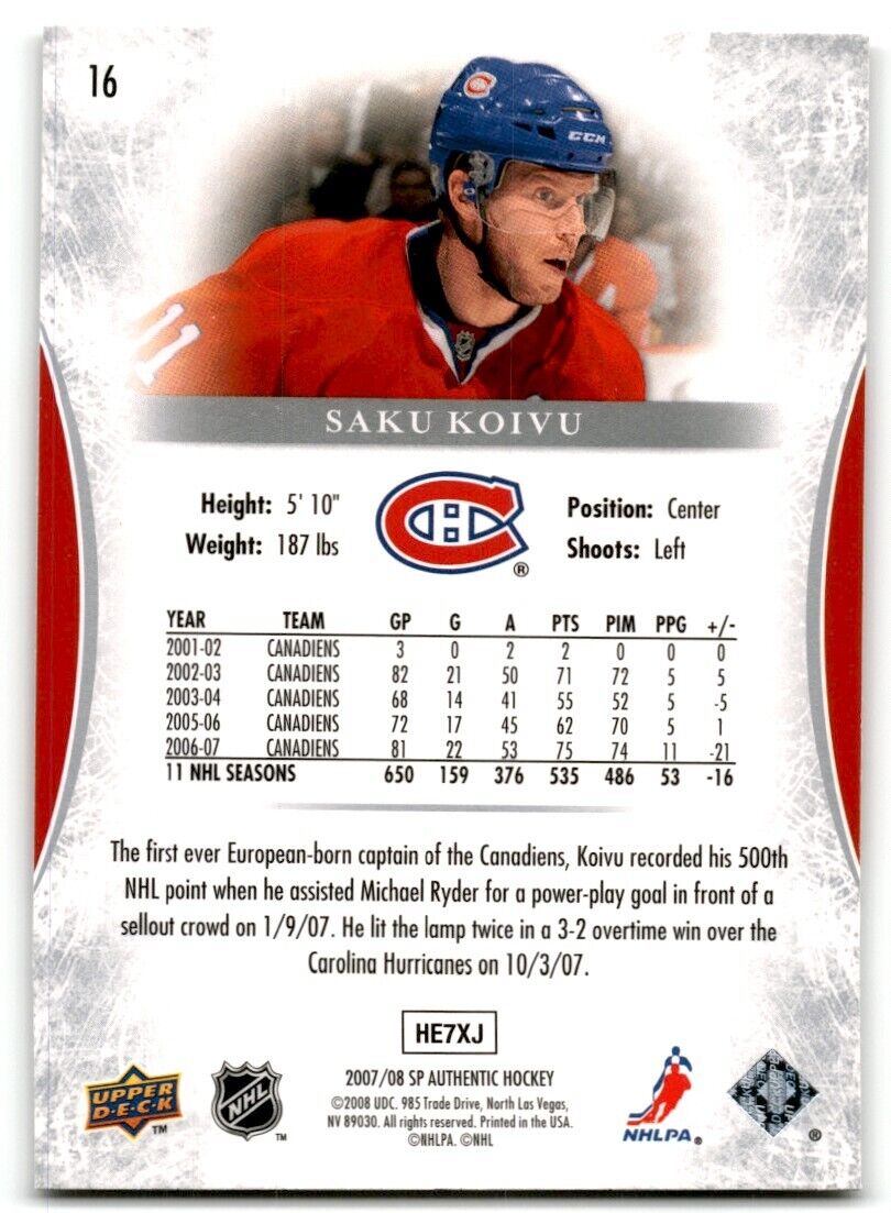 2007-08 SP Authentic Saku Koivu Montreal Canadiens #16