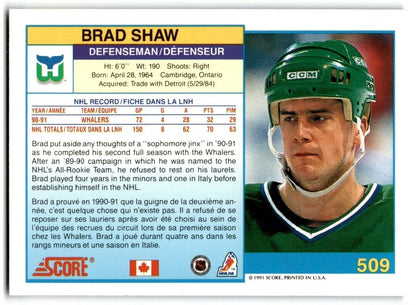 1991-92 Score Canadian Bilingual Brad Shaw Hartford Whalers #509