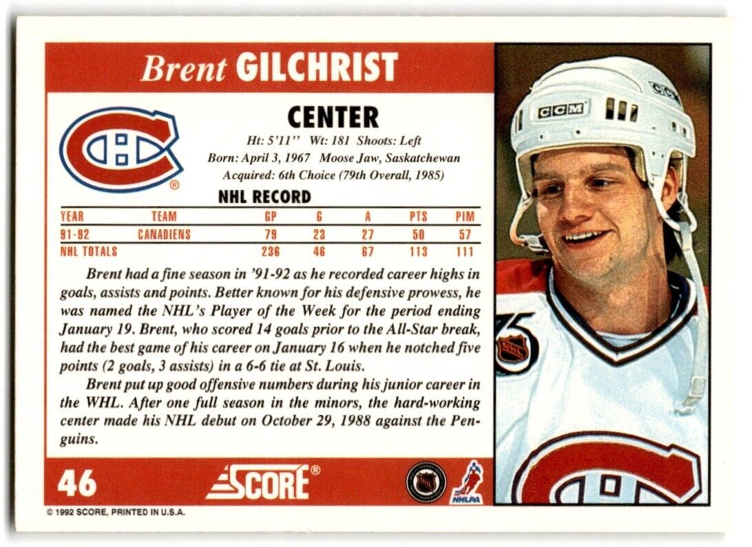 1992-93 Score Brent Gilchrist Montreal Canadiens #46