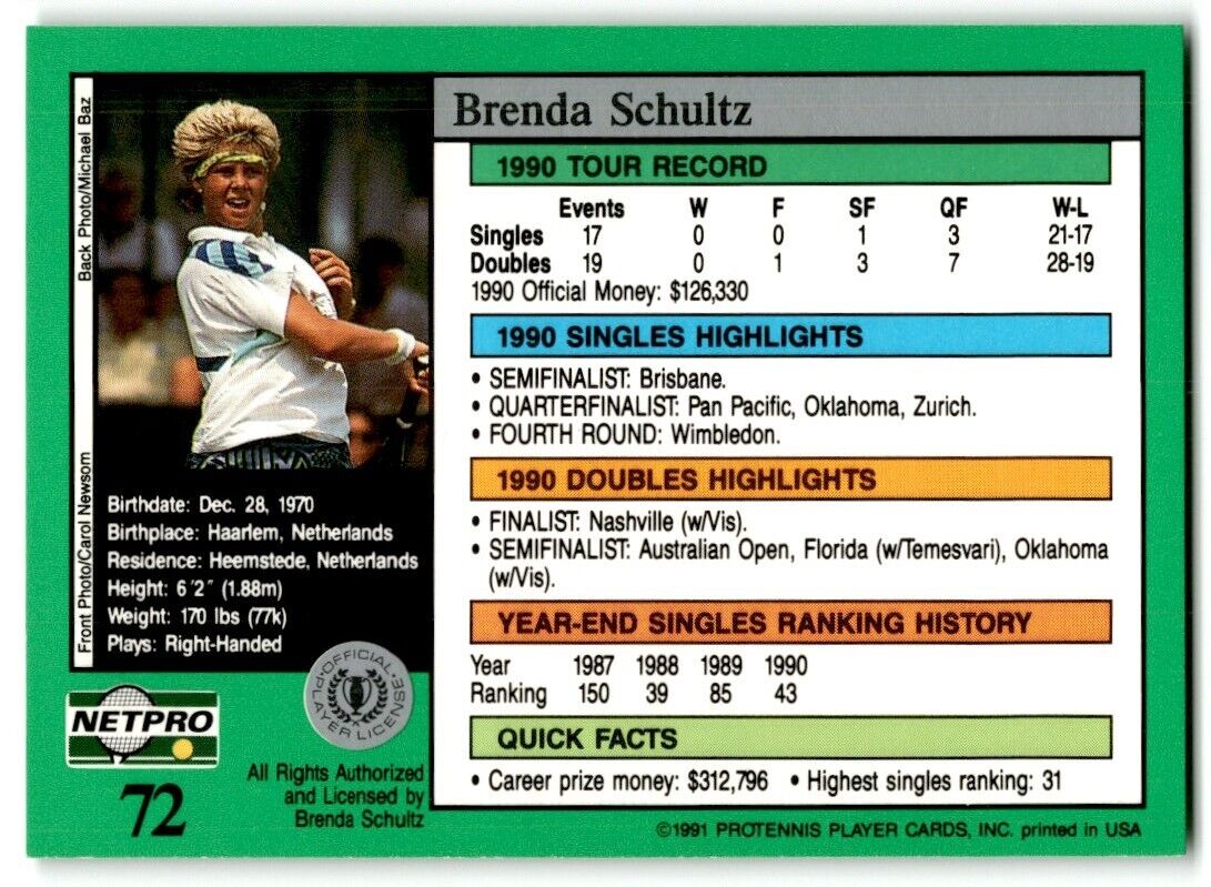 1991 Protennis player Cards Netpro Tour Star Brenda Schultz #72