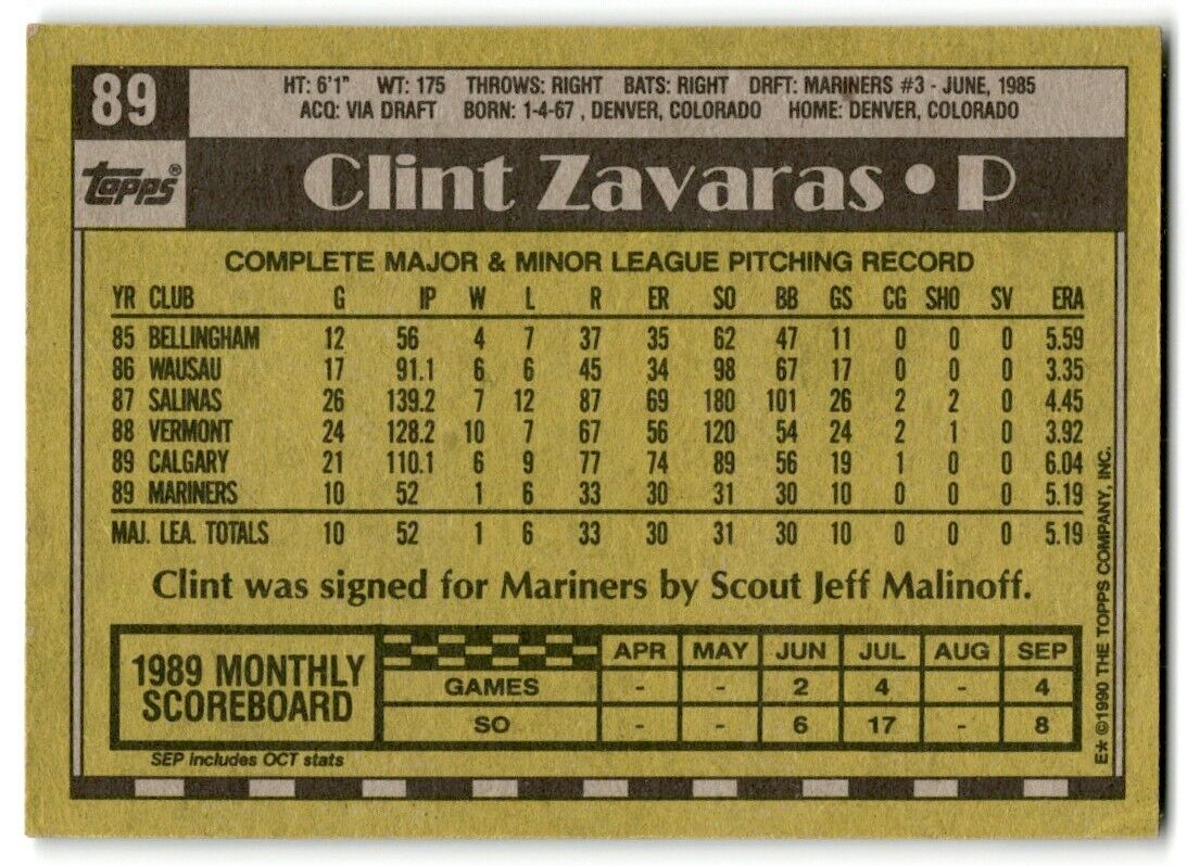 1990 Topps Clint Zavaras Rookie Seattle Mariners #89