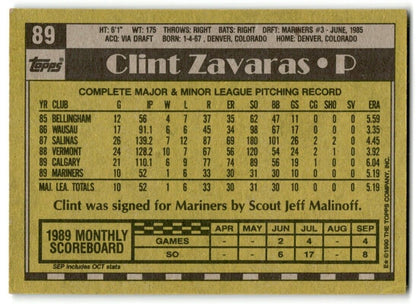 1990 Topps Clint Zavaras Rookie Seattle Mariners #89