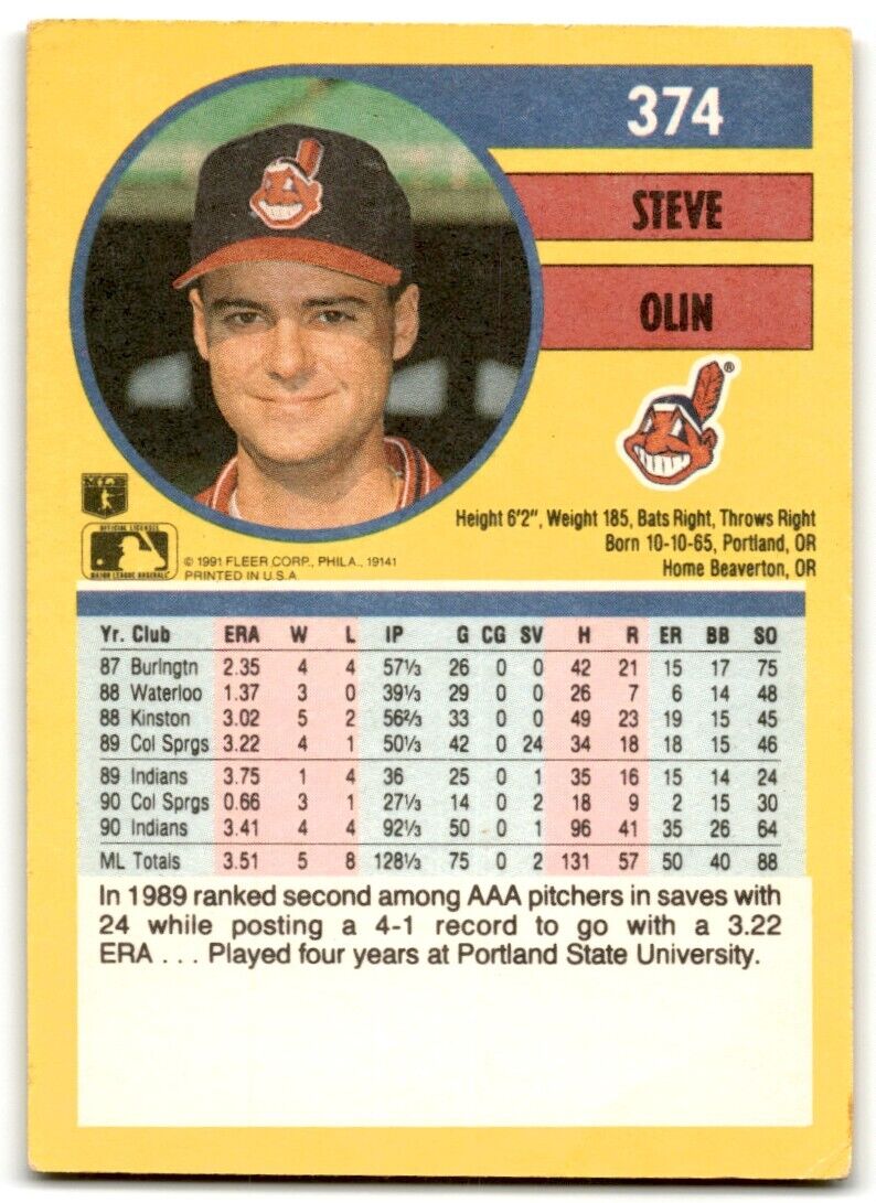 1991 Fleer Steve Olin Cleveland Indians #374