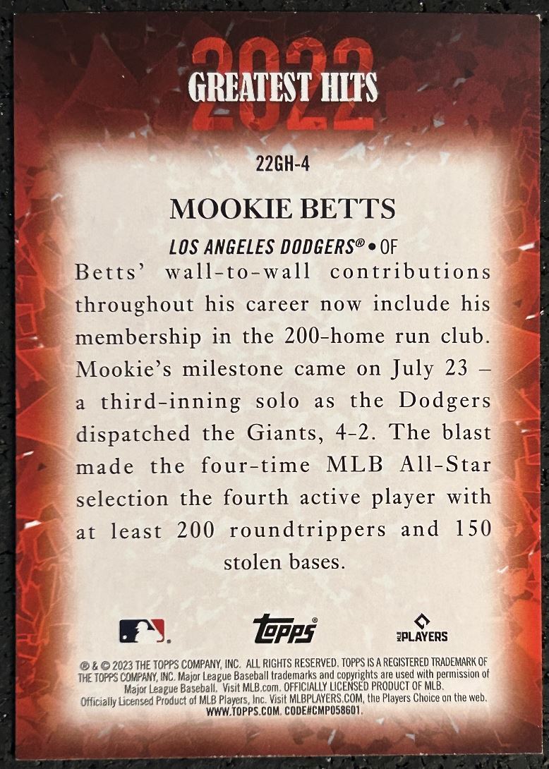 2023 Topps 2022 Greatest Hits Mookie Betts Los Angeles Dodgers #22GH-4