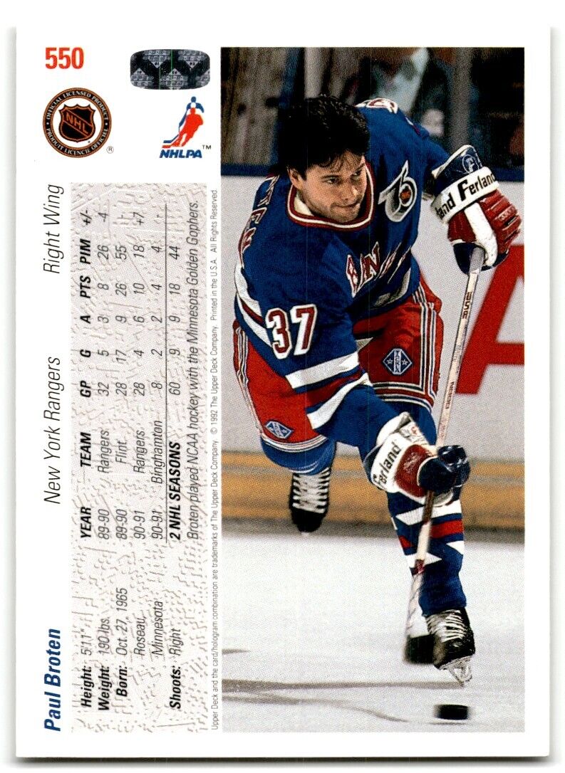 1991-92 Upper Deck French Paul Broten New York Rangers #550