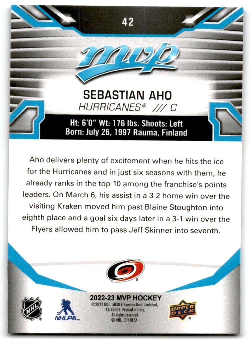 2022-23 Upper Deck MVP Sebastian Aho Carolina Hurricanes #42