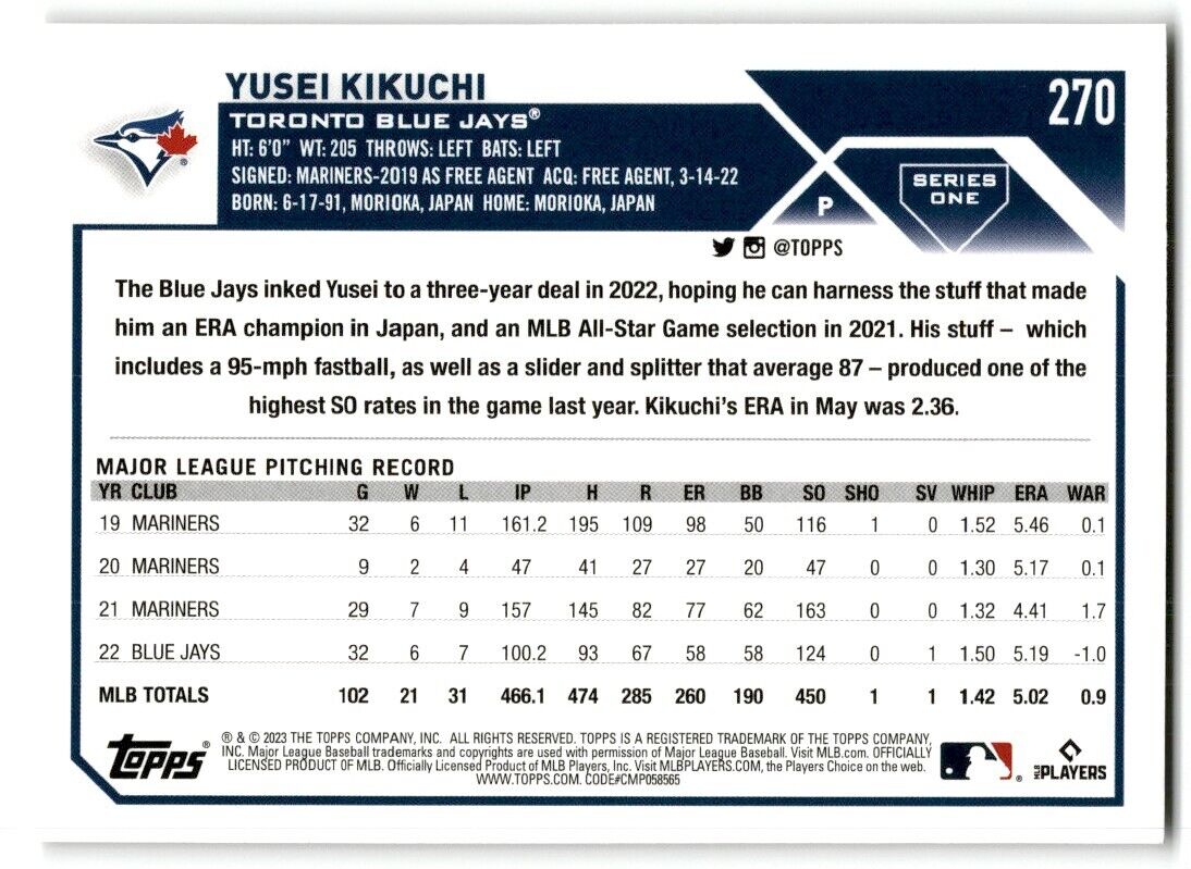 2023 Topps Yusei Kikuchi Toronto Blue Jays #270