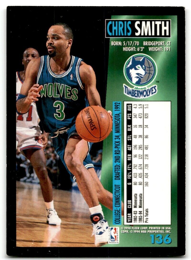 1994-95 Fleer Chris Smith Minnesota Timberwolves #136