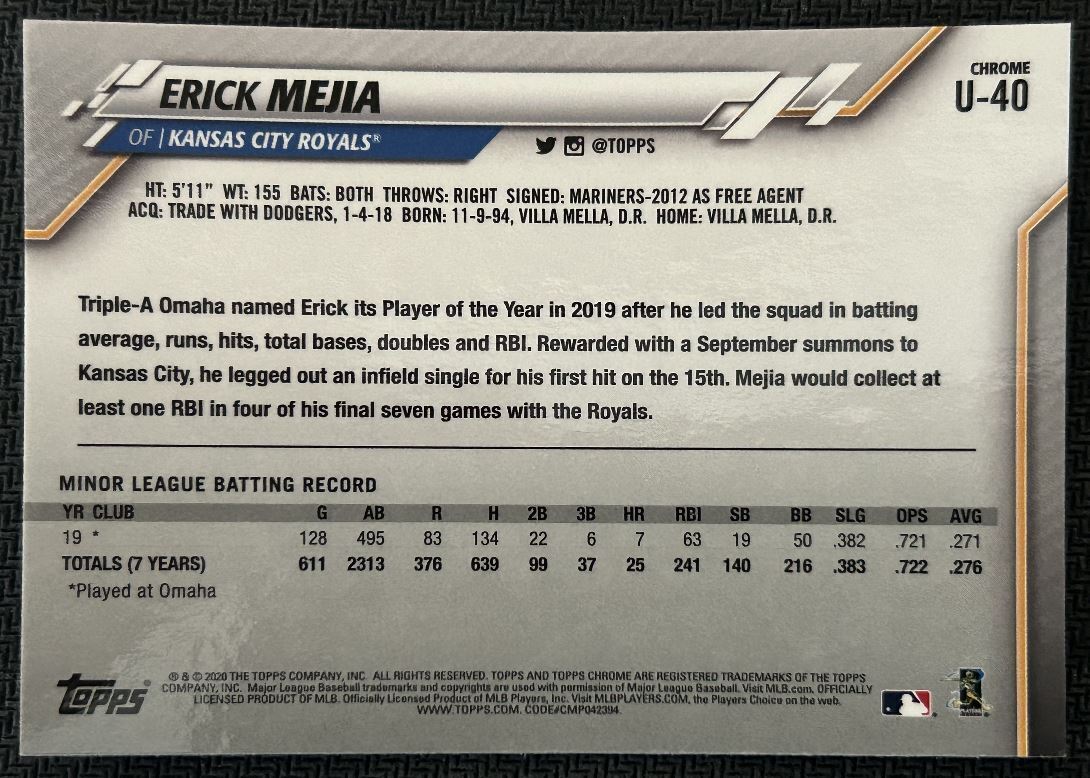 2020 Topps Chrome Update Erick Mejia Rookie Kansas City Royals #U-40