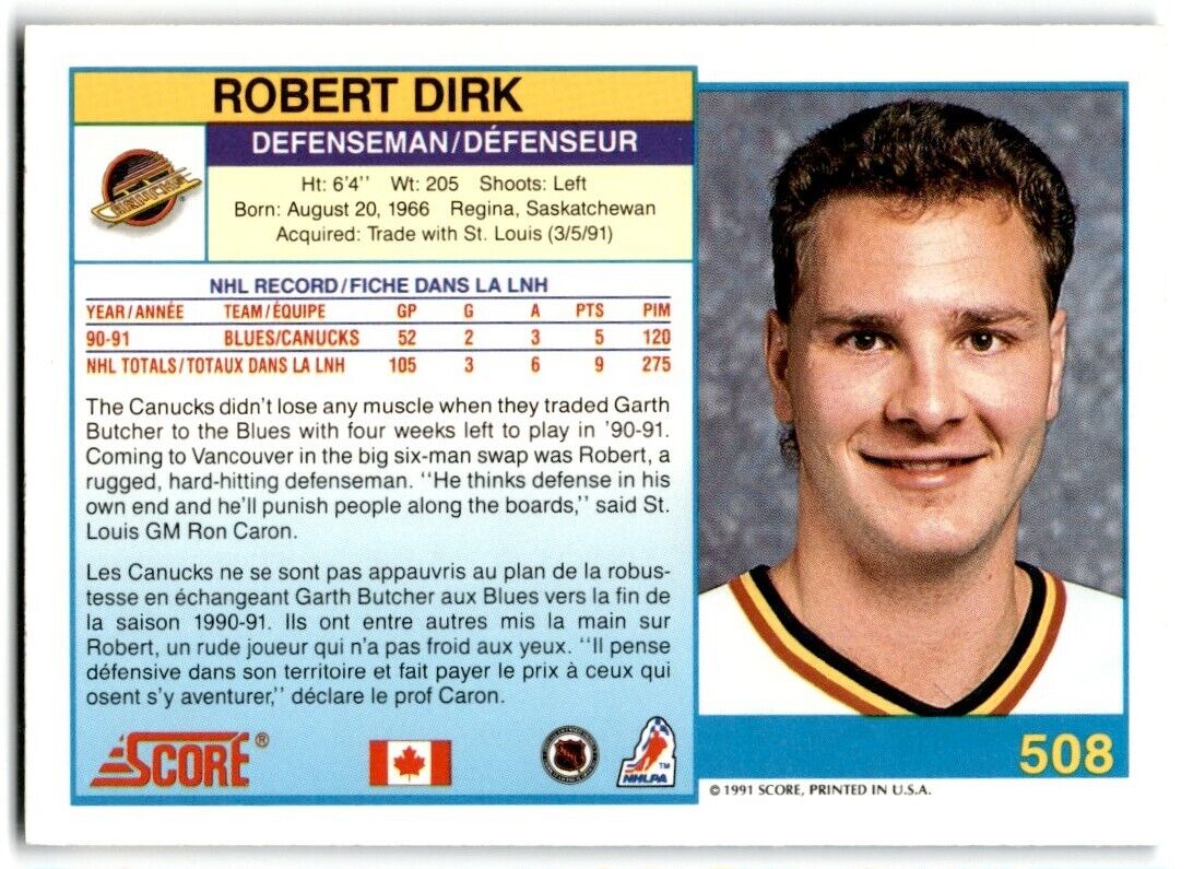 1991-92 Score Canadian Bilingual Robert Dirk Vancouver Canucks #508