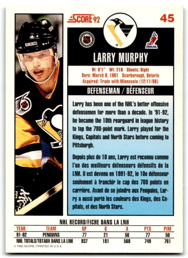 1992-93 Score Larry Murphy Pittsburgh Penguins #45