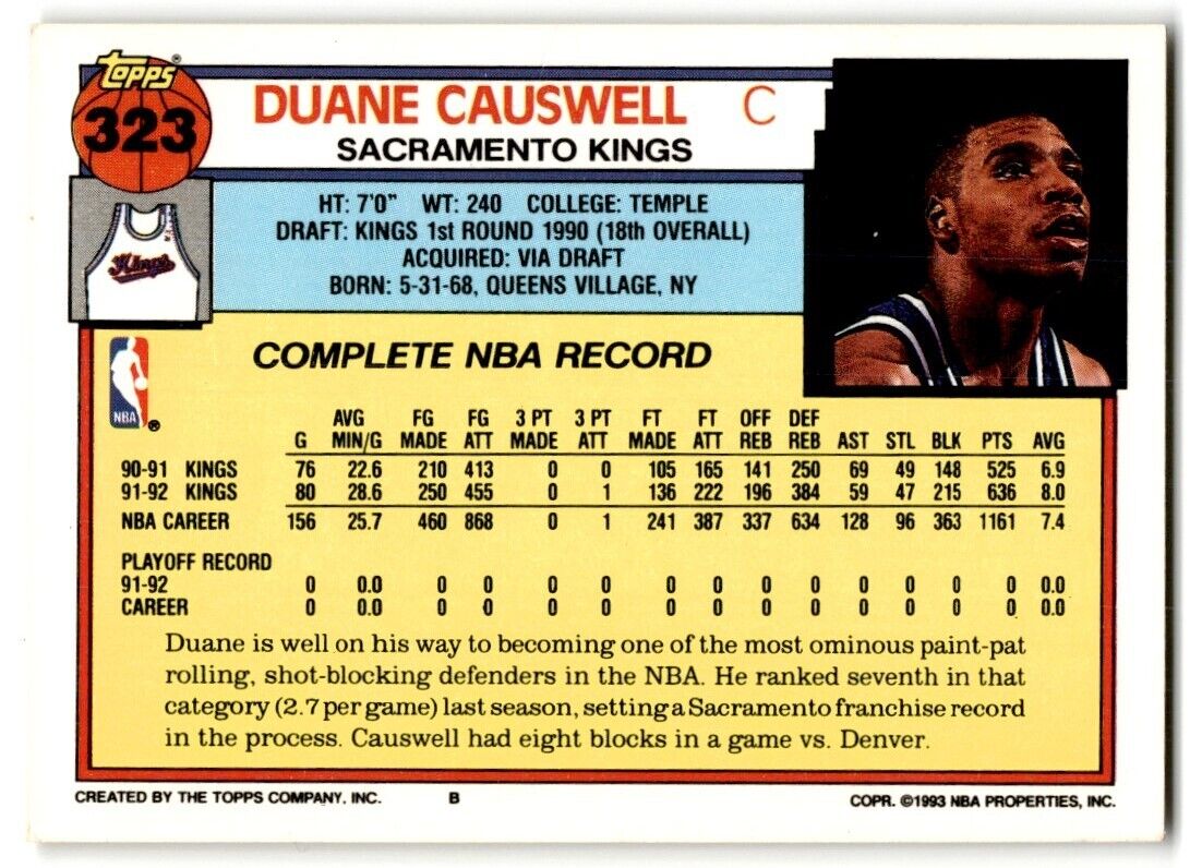 1992-93 Topps Duane Causwell Sacramento Kings #323