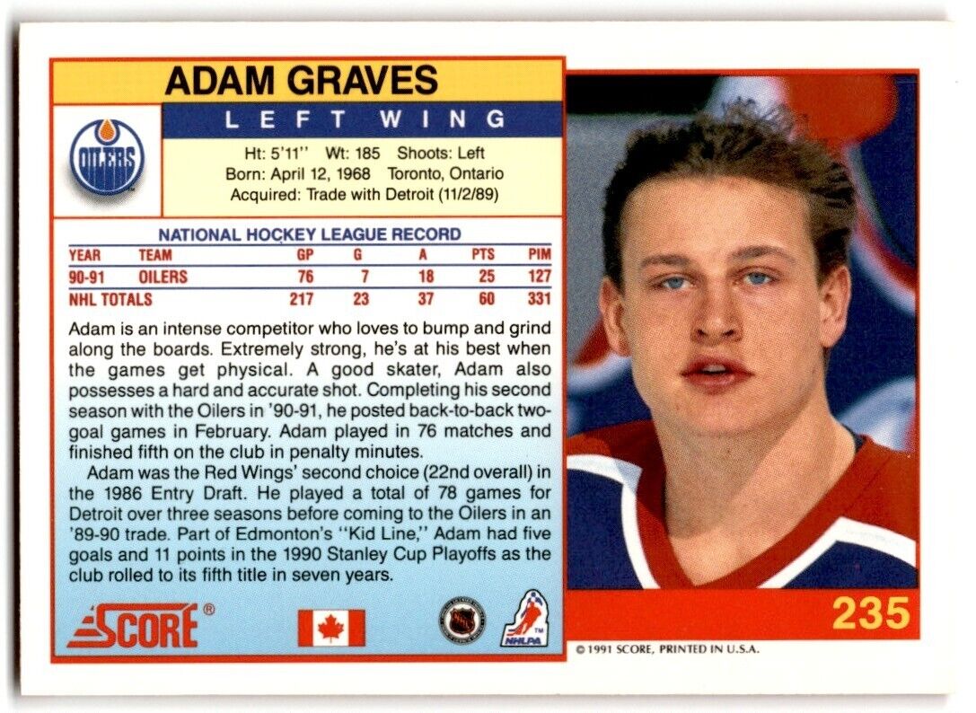 1991-92 Score Canadian Bilingual Adam Graves Edmonton Oilers #235