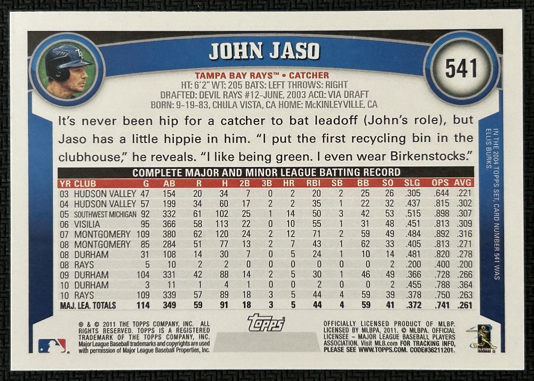 2011 Topps John Jaso Tampa Bay Rays #541