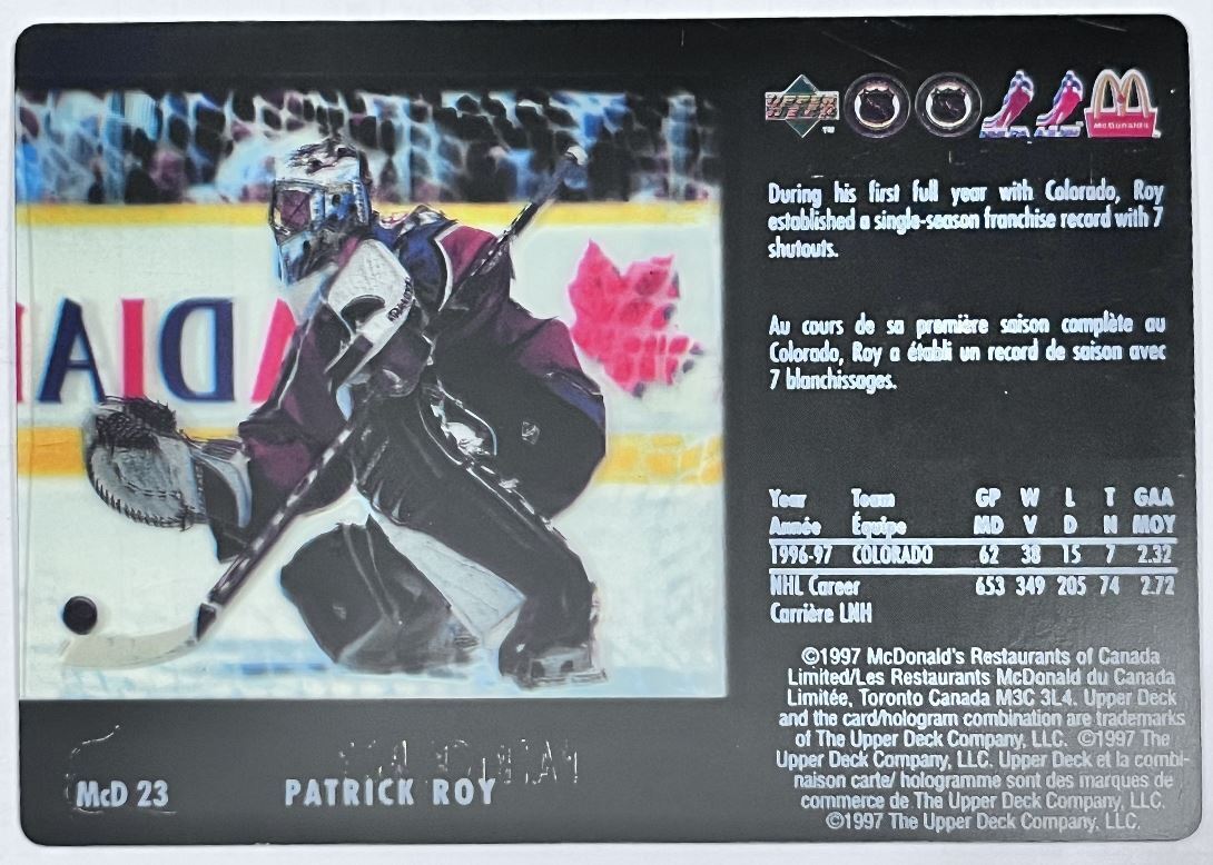 1996-97 Upper Deck McDonald's Patrick Roy Colorado Avalanche #MCD 23